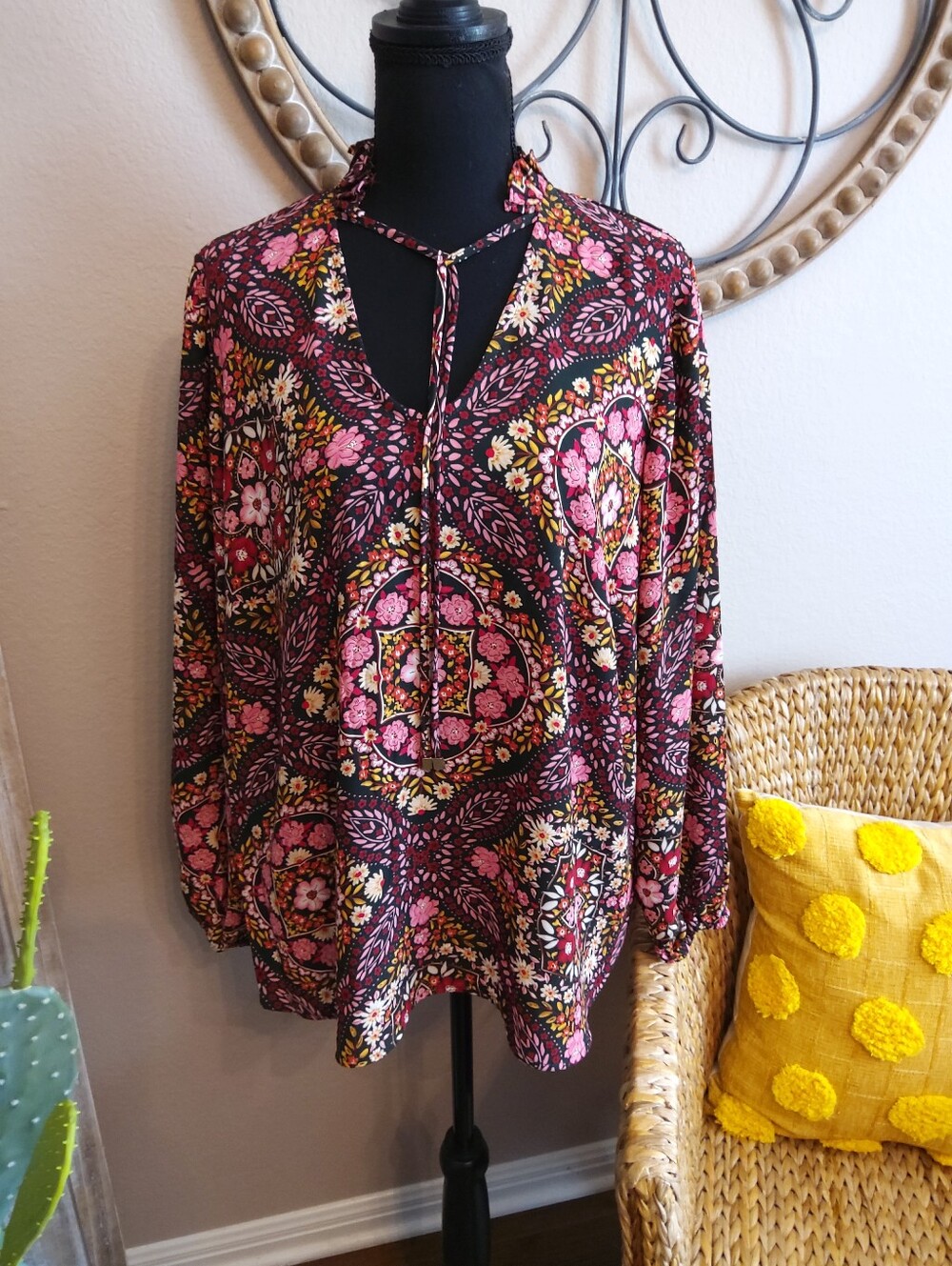 Chelsea & Theodore Burgundy Floral Tie-Neck Tunic with Pink Accents
